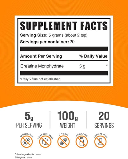 BulkSupplements.com Creatine Monohydrate Powder - Creatine Supplement, Micronized Creatine, Creatine Powder - Unflavored & Gluten Free, 5g (5000mg) per Servings, 100g (3.5 oz) (Pack of 1)