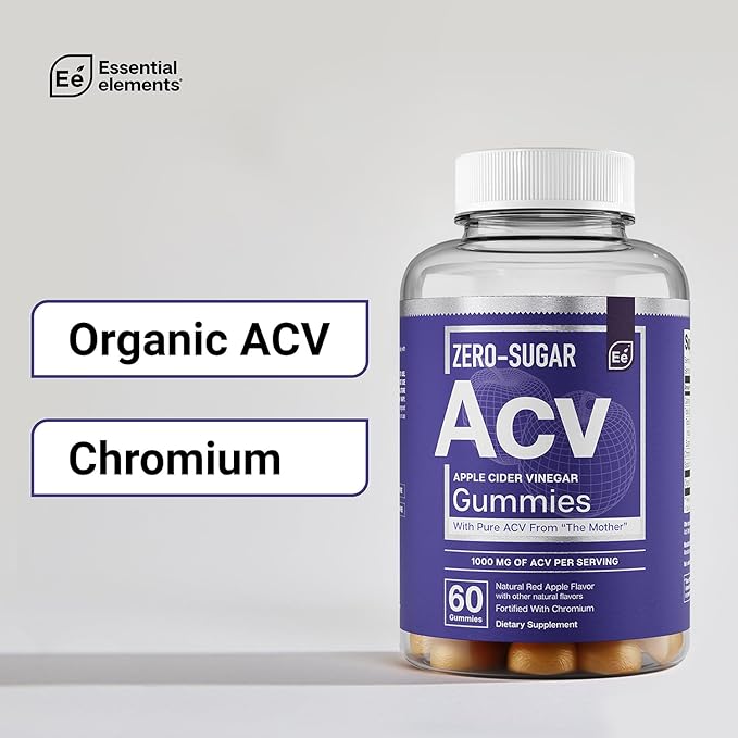 Essential Elements Zero-Sugar ACV Apple Cider Vinegar Gummies from “The Mother” - Naturally-Sourced, Vegan ACV Gummies with Chromium 60 Count