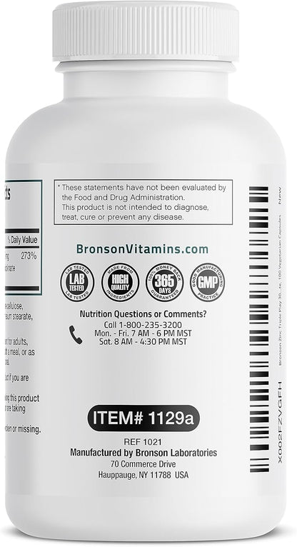 Bronson Zinc Triple Play 30 mg Triple Coverage Immune Support Zinc Supplement with Zinc Acetate, Picolinate & Orotate - Immune, Antioxidant & Skin Health Support - 100 Vegetarian Capsules