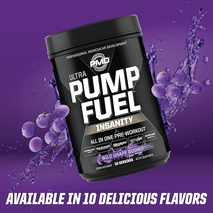 PMD Sports Ultra Pump Fuel Insanity - Pre Workout Drink for Energy, Strength, Endurance, Recovery - Complex Carbohydrates and Amino Energy - Wild Grape Gusher (30 Servings)
