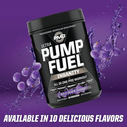 PMD Sports Ultra Pump Fuel Insanity - Pre Workout Drink for Energy, Strength, Endurance, Recovery - Complex Carbohydrates and Amino Energy - Wild Grape Gusher (30 Servings)