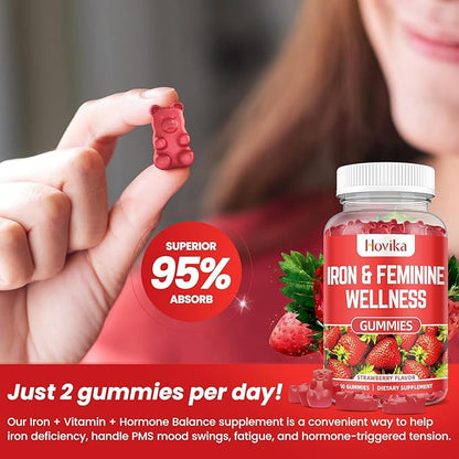 Iron for Women Gummies, 40mg Iron Supplement Anemia with multivitamin for Women, Zinc, Selenium, Iodine - for Iron Deficiency - Natural Hormonal Support for PMS, Strawberry Flavour, 60 Count