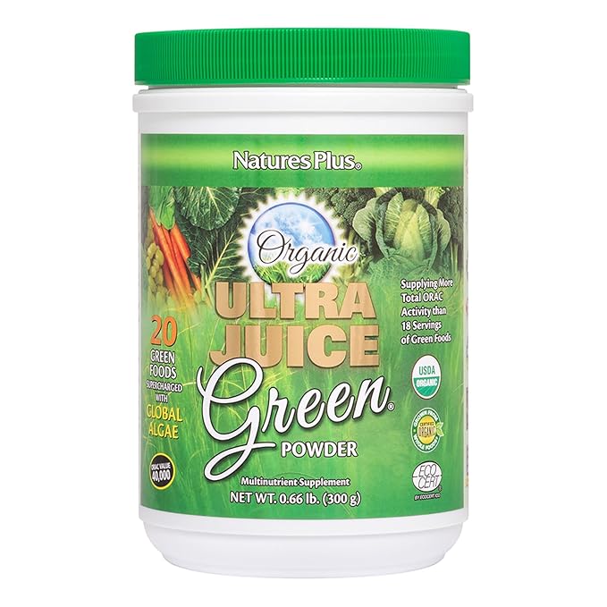 NaturesPlus Ultra Juice Green Powder - .66 lbs, Green Drink - Multinutrient Supplement, 20 Whole Green Foods & Global Algae- Non-GMO, Organic, Gluten-Free - 30 Servings