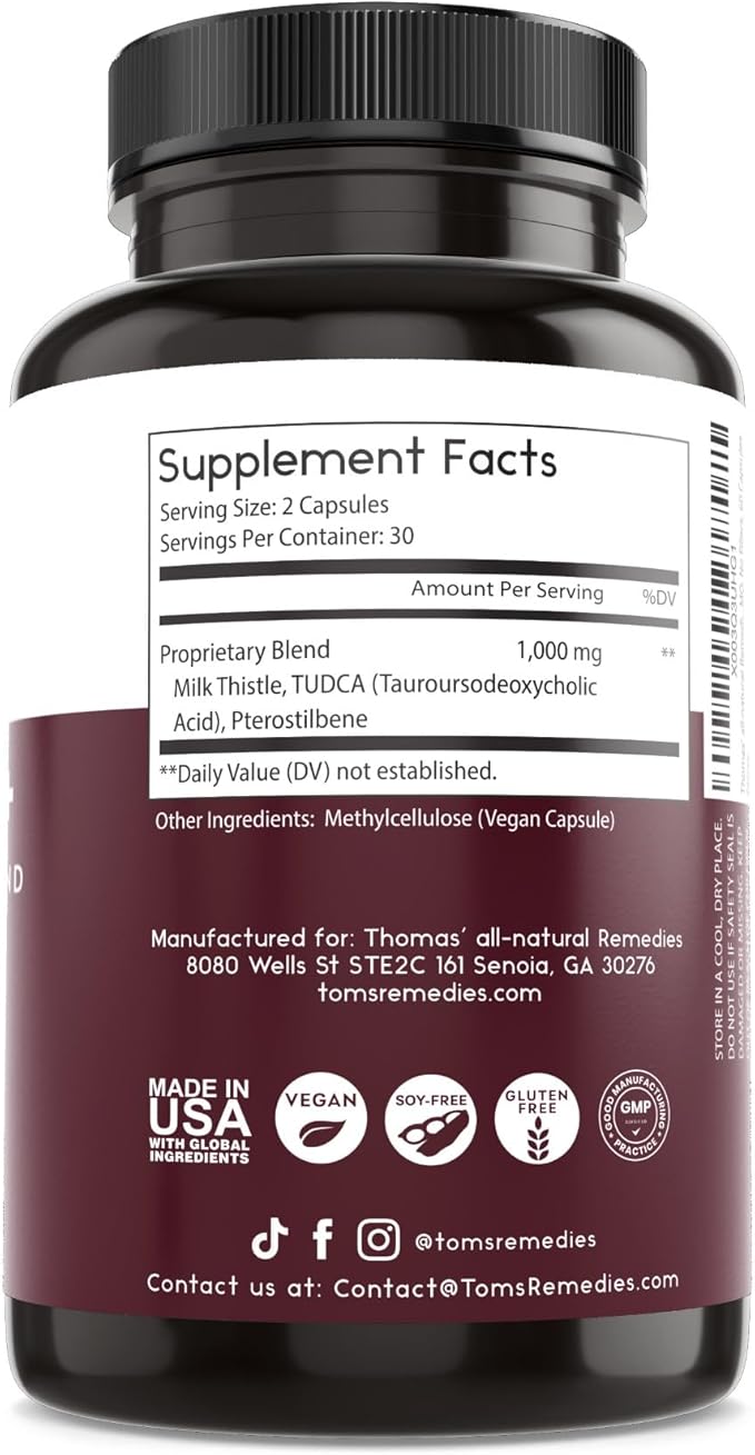 Thomas' all-natural Remedies Tudca 500mg (1000mg Per Serving), 60 Capsules- Tauroursodeoxycholic Acid, Liver Support Supplement- Vegan, Non-GMO, No Filler Capsules