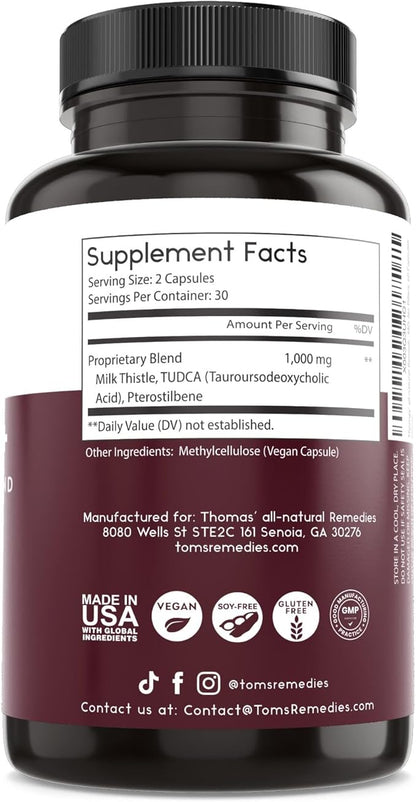 Thomas' all-natural Remedies Tudca 500mg (1000mg Per Serving), 60 Capsules- Tauroursodeoxycholic Acid, Liver Support Supplement- Vegan, Non-GMO, No Filler Capsules