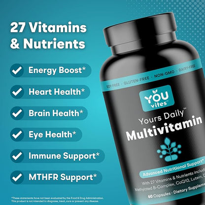 Methylated Multivitamin - Yours Daily Iron-Free Multi for Men and Women - MTHFR Supplement with Methyl B12, Methylfolate (5-MTHF), CoQ10 for Energy, Heart and Mood Support - 60 Capsules