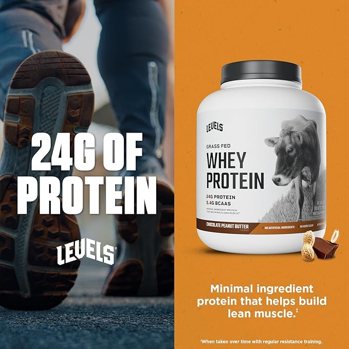Levels Grass Fed Whey Protein Powder, No Artificials, 24G of Protein, Chocolate Peanut Butter, 5LB