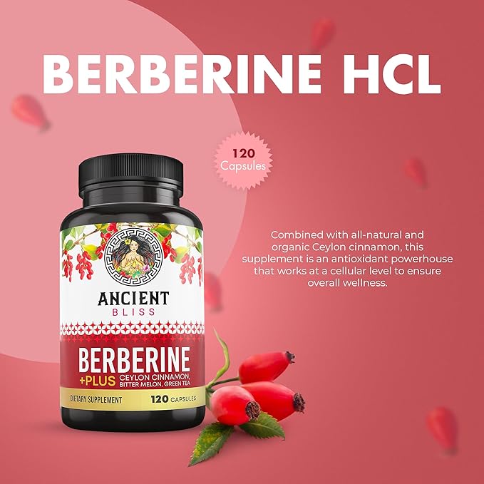 Ancient Bliss Berberine HCL 1200mg with Ceylon Cinnamon, Bitter Melon, and Green Tea Extract - 120 Capsules Supports Glucose Metabolism, Immune System