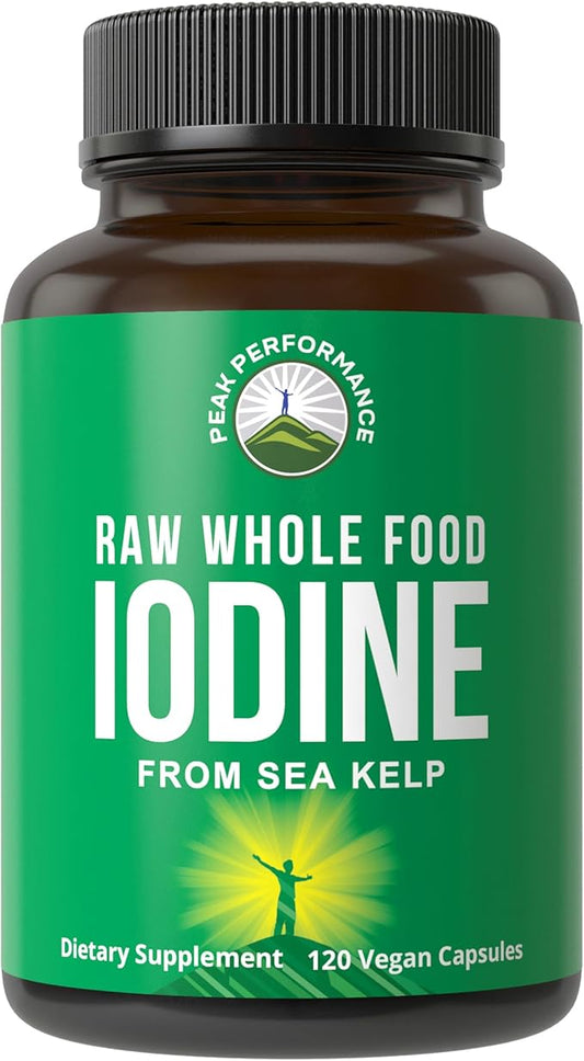 Peak Performance Raw Whole Food Iodine Supplement from Organic Kelp (Ascophyllum Nodosum) Potassium Iodide Support Tablets. for Metabolism, Energy, and Immune. 120 Vegan Capsules, Pills.