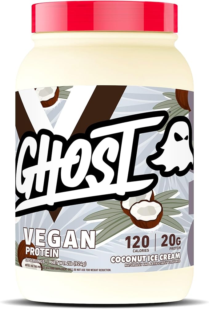 GHOST Vegan Protein Powder, Coconut Ice Cream - 2LB Tub, 20G of Protein - Plant-Based Pea, Organic Pumpkin & Watermelon Seed Protein Blend - ­Flavored Post Workout Shakes - Soy & Gluten Free