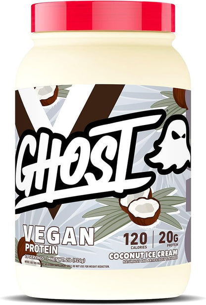 GHOST Vegan Protein Powder, Coconut Ice Cream - 2LB Tub, 20G of Protein - Plant-Based Pea, Organic Pumpkin & Watermelon Seed Protein Blend - ­Flavored Post Workout Shakes - Soy & Gluten Free