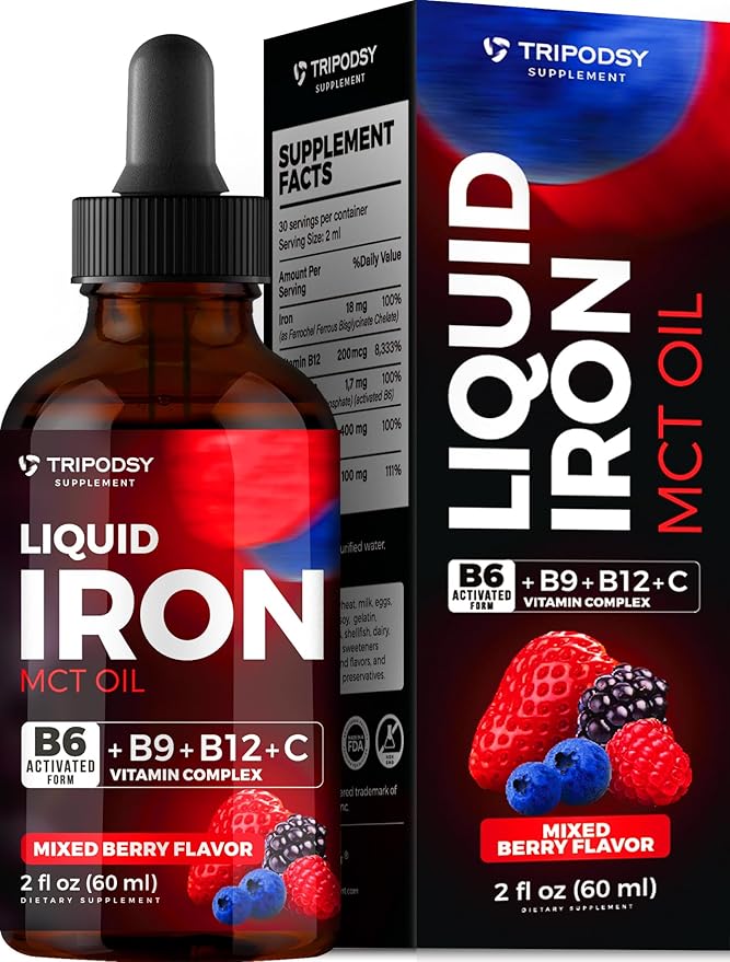 Iron Supplement for Women and Men - Iron Drops with B6, B9, B12, Vitamin C, Iron Vitamin for Anemia, Blood Builder, Folate for Red Blood Cell and Immune Support, MCT Oil (2 Fl Oz, Mixed Berry)