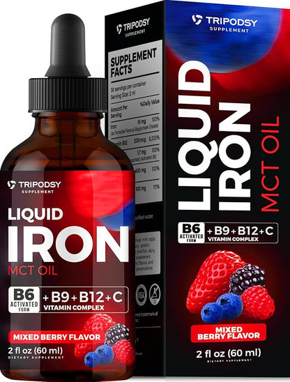 Iron Supplement for Women and Men - Iron Drops with B6, B9, B12, Vitamin C, Iron Vitamin for Anemia, Blood Builder, Folate for Red Blood Cell and Immune Support, MCT Oil (2 Fl Oz, Mixed Berry)