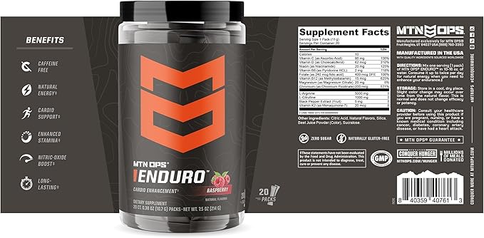 MTN OPS Enduro Trail Packs Nitric Oxide Supplement & Stim-Free Pre Workout - 20 Servings - with Magnesium Citrate, Beet Root Powder, Niacinamide, L Arginine & L Citrulline - Raspberry Flavor