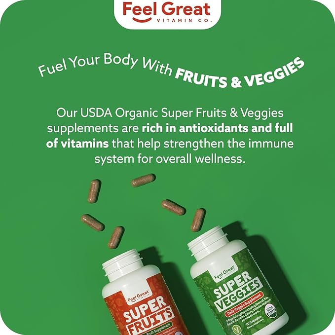 Feel Great USDA Organic Fruit and Vegetable Supplements | 20+ Super Reds & Greens for Natural Energy Support | Vegan Fruit and Veggie Vitamins | 2 Pack of 90 Count