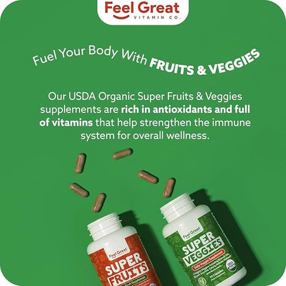 Feel Great USDA Organic Fruit and Vegetable Supplements | 20+ Super Reds & Greens for Natural Energy Support | Vegan Fruit and Veggie Vitamins | 2 Pack of 90 Count