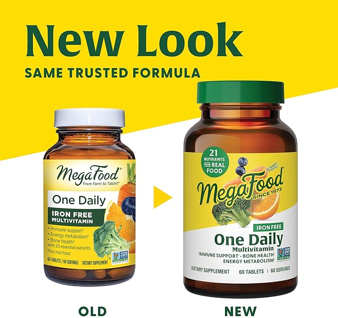 MegaFood One Daily Iron Free Multivitamin - Multivitamin for Women and Men - with Real Food - Immune Support Supplement - Bone Health - Energy Metabolism - Vegetarian; Non-GMO; No Iron - 60 Tablets