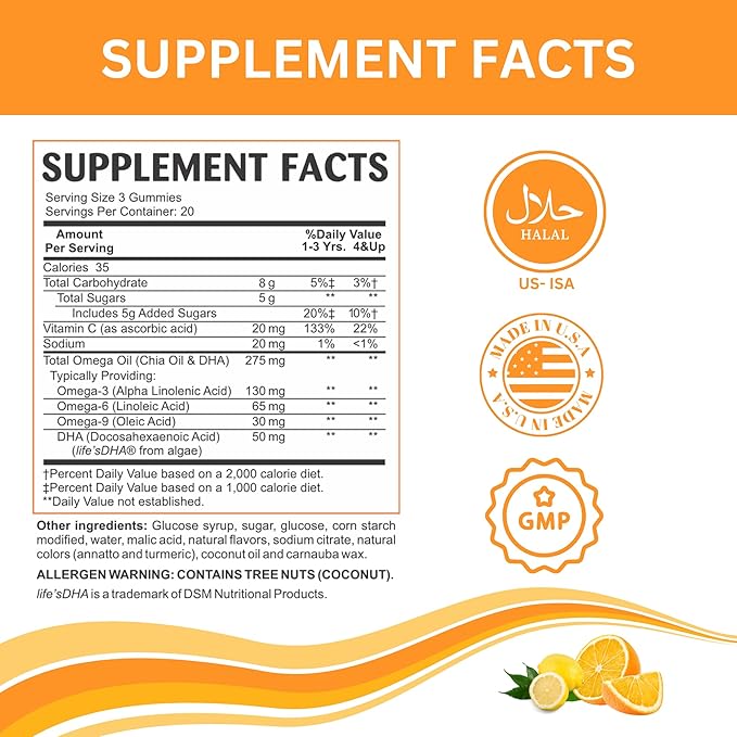 Greenfield Nutritions Smart Kids Halal Omega 3 Gummies with DHA - 60 Halal Vitamins for Kids, Supports Brain & Immune Health - Vegan, Non-GMO, Gluten, Gelatin-Free and Peanut-Free Halal Gummy Vitamins