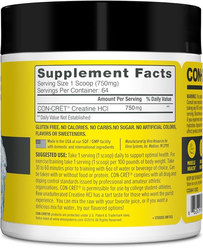 Creatine HCl Powder | Muscle, Cognitive, Cellular Energy Support | No Bloating or Cramps | USA Made & NSF Certified | Unflavored (64 Serving)