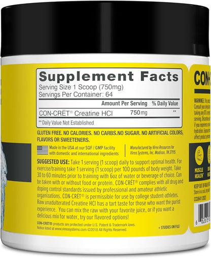 Creatine HCl Powder | Muscle, Cognitive, Cellular Energy Support | No Bloating or Cramps | USA Made & NSF Certified | Unflavored (64 Serving)