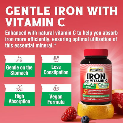 Iron Supplement, 65mg Carbonyl Iron with 250mg Vitamin C, Stomach Friendly Iron Pills for Blood Building Women & Men, High Absorption, No Nausea, No Constipation, Non-GMO, No Gluten, 60 Vegan Tabs