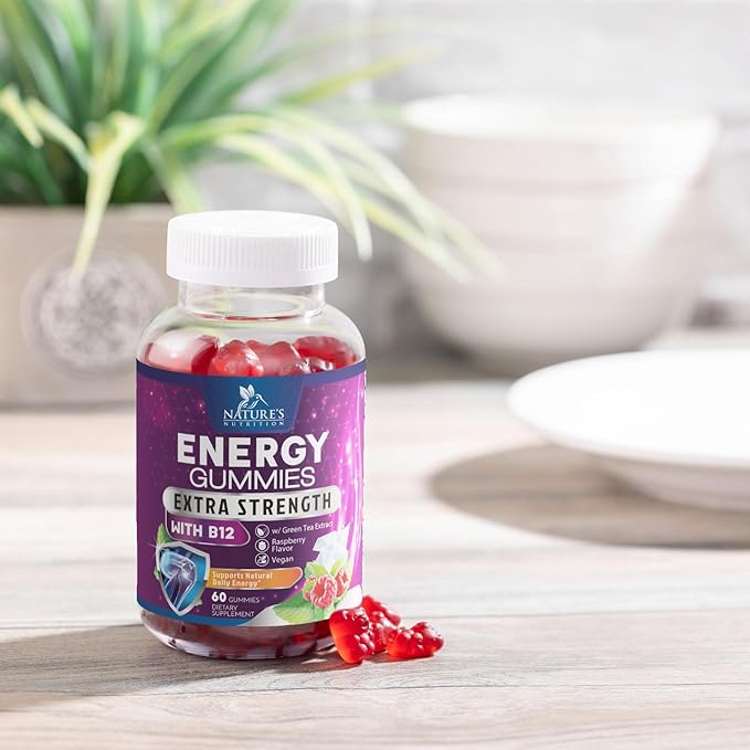 Energy Gummies Vitamin B12, Green Tea Natural Caffeine Support, Extra Strength 1000 mcg Daily Energy Vitamins, Delicious Berry Flavor Gluten Free Chewable Supplement for Cycling & Running - 60 Chews