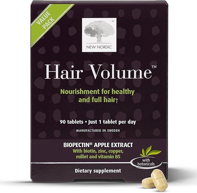 NEW NORDIC Hair Volume Tablets, 3000 mcg Biotin & Biopectin Apple Extract, Hair Vitamins to Support Natural Hair Growth for Thicker, Fuller Hair, for Men and Women, 90 Count (Pack of 1)