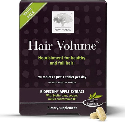 NEW NORDIC Hair Volume Tablets, 3000 mcg Biotin & Biopectin Apple Extract, Hair Vitamins to Support Natural Hair Growth for Thicker, Fuller Hair, for Men and Women, 90 Count (Pack of 1)