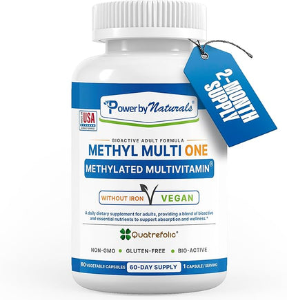 Power By Naturals Methyl Multi One - Vegan Methylated Multivitamin for Men & Women with Methylfolate & Methyl B12 for MTHFR Maintenance, 60 Capsules, 2 Month Supply, USA-Made, Gluten-Free