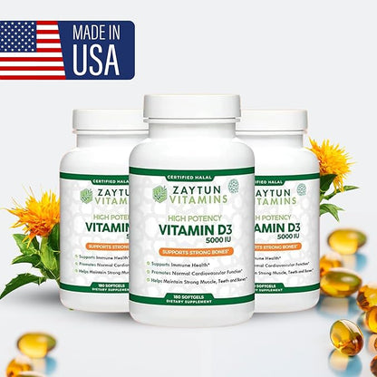 Zaytun Halal Vitamin D3 5000 IU, 180 Mini Softgels, Supports Bones, Healthy Muscle Function & Immune, Premium Vitamin D from Safflower Oil, 6 Months Supply, Non-GMO, Gluten-Free, Made in USA