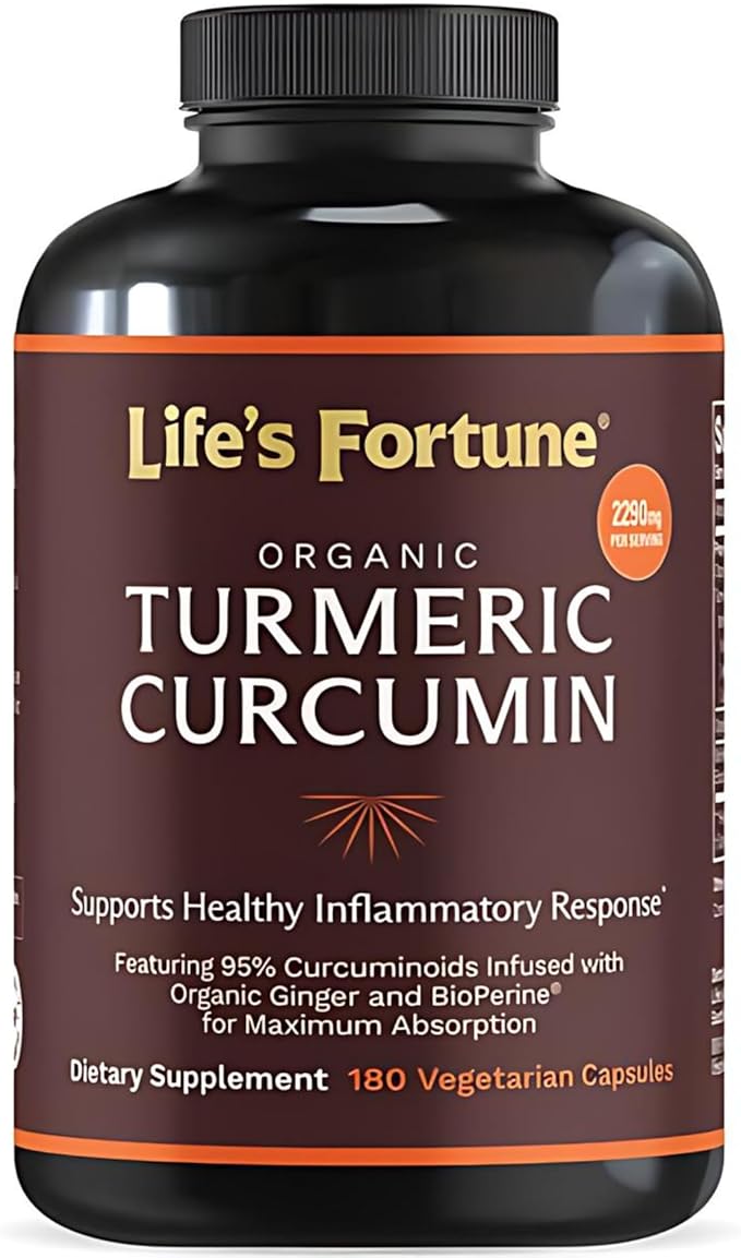 Life's Fortune Organic Turmeric Curcumin with Black Pepper and Ginger, Enhanced Absorption, Extra Strength Supplement, Joint & Immune Support, Non-GMO, 180 Cap - 2250mg