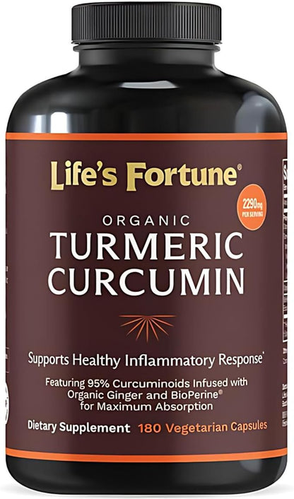 Life's Fortune Organic Turmeric Curcumin with Black Pepper and Ginger, Enhanced Absorption, Extra Strength Supplement, Joint & Immune Support, Non-GMO, 180 Cap - 2250mg