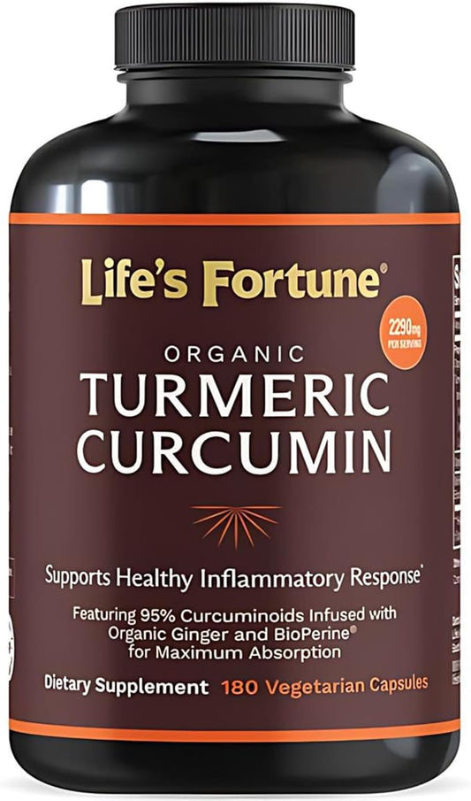 Life's Fortune Organic Turmeric Curcumin with Black Pepper and Ginger, Enhanced Absorption, Extra Strength Supplement, Joint & Immune Support, Non-GMO, 180 Cap - 2250mg