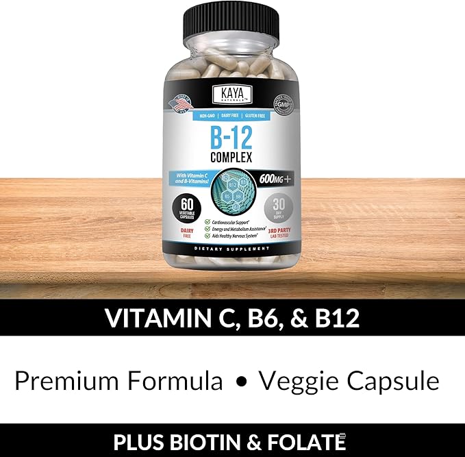 Kaya Naturals B-12 Complex | Multivitamin Supplement for Women & Men | Energy and Metabolism Booster | Vitamin Supplement with Biotin, Choline, Inositol, Folate, and Vitamin C – 60 Count