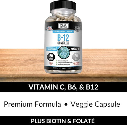 Kaya Naturals B-12 Complex | Multivitamin Supplement for Women & Men | Energy and Metabolism Booster | Vitamin Supplement with Biotin, Choline, Inositol, Folate, and Vitamin C – 60 Count