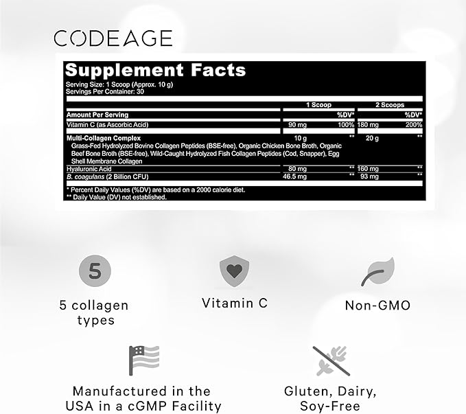 Codeage Multi Collagen Peptides Powder + Probiotics Black Edition, Vitamin C, Hyaluronic Acid Powder Supplement, Grass-Fed, Hydrolyzed, Zero Carbs, Type I, II, III, V & X, Unflavored, 10.58oz