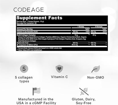 Codeage Multi Collagen Peptides Powder + Probiotics Black Edition, Vitamin C, Hyaluronic Acid Powder Supplement, Grass-Fed, Hydrolyzed, Zero Carbs, Type I, II, III, V & X, Unflavored, 10.58oz