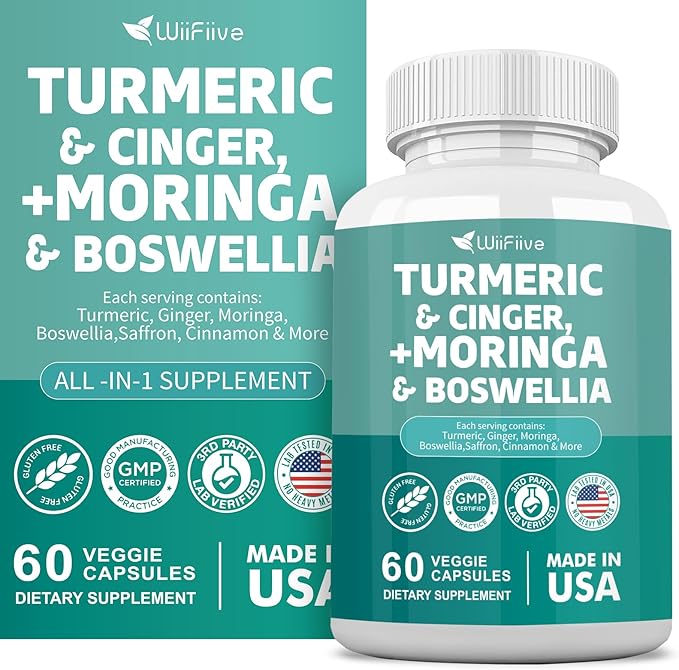 Turmeric Curcumin 30000mg Moringa 50000mg Boswellia 3000mg Cinger 3000mg Cinnamon Saffron Joint Support Supplement for Women and Men with Quercetin Holy Basil Garlic Nettle, 60 Capsules
