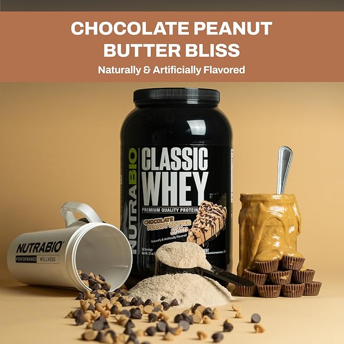 NutraBio Classic Whey Protein Powder- Full-Spectrum Amino Acid Profile - No Fillers, Artificial Colors, Preservatives - Low Glycemic Index - (Chocolate Peanut Butter, 2 Pounds)