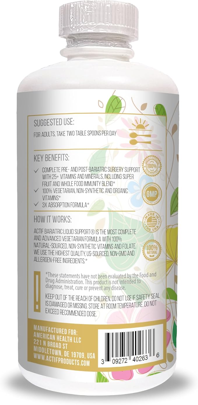 Actif Organic Bariatric Liquid Support With 25+ Organic Vitamins And Minerals For Bariatric Surgery, Advanced Formula, Non GMO, 32 Oz