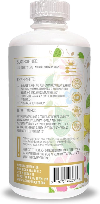 Actif Organic Bariatric Liquid Support With 25+ Organic Vitamins And Minerals For Bariatric Surgery, Advanced Formula, Non GMO, 32 Oz