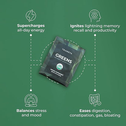 Greens Powder Travel Packs - 14 Servings for Memory, Digestion I Best Taste Super Greens Powder with Organic Spirulina, Goji, Beetroot, Pomegranate I Vegan, Non-GMO