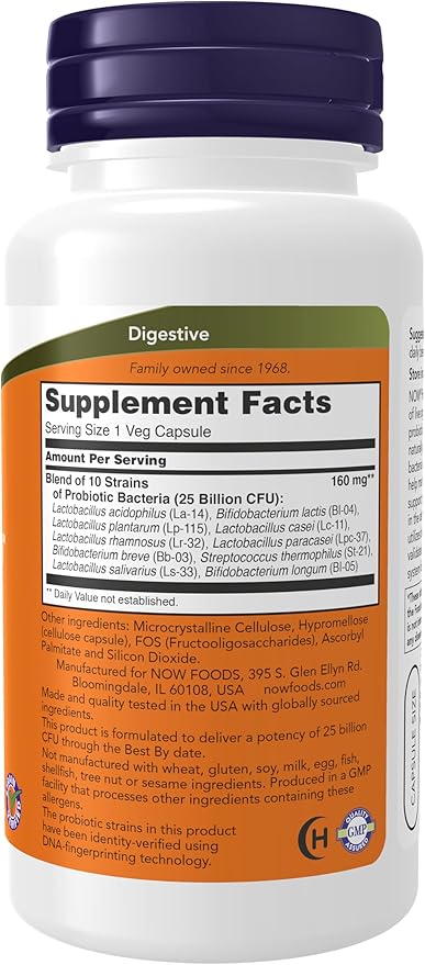 NOW Foods Supplements, Probiotic-10™, 25 Billion, with 10 Probiotic Strains, Dairy, Soy and Gluten Free, Strain Verified, 100 Veg Capsules
