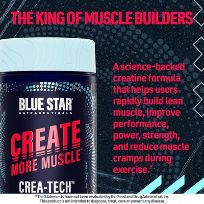 Blue Star Nutraceuticals CREA-TECH - Creapure Creatine Monohydrate - w/Electrolytes. Creatine + Electrolytes Capsules - Build Muscle and Increase Strength | 30 Day Supply - 120 Veggie Capsules
