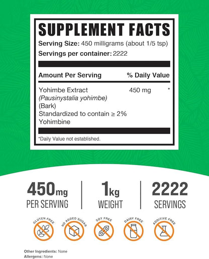 BulkSupplements.com Yohimbe Extract Powder - Yohimbe Bark Extract, Yohimbe Supplements, Yohimbe Bark Powder - Herbal Supplement, Gluten Free, 450mg per Serving, 1kg (2.2 lbs) (Pack of 1)