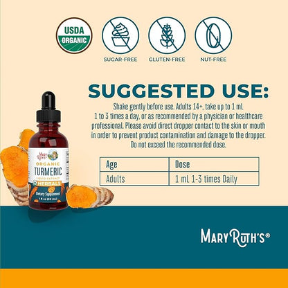 MaryRuth Organics Turmeric Curcumin Liquid Drops Sugar Free | USDA Organic | Organic Turmeric Supplement | Joint Support Supplement | Liver Support | Non-GMO | Gluten Free | Vegan | 1 Fl Oz