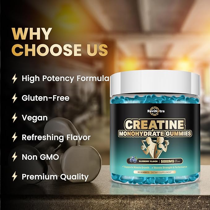Creatine Monohydrate Gummies for Men & Women, 5000mg Chewables Creatine Supplement for Muscle Growth & Recovery, Promote Energy, Boost Strength, High Absorption, Blueberry Flavor Big Bear Gummies
