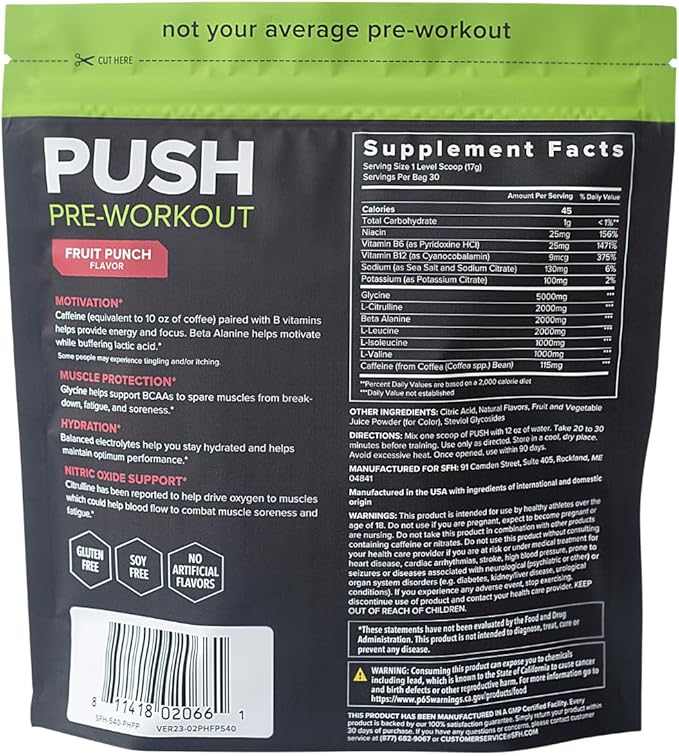 SFH Push Pre-Workout Powder (Fruit Punch) BCAAs for Muscle Repair | Electrolytes | Non-Dairy, No Artificial Flavors, Colors, Sugar, Soy, Gluten, or GMOs (Bag)