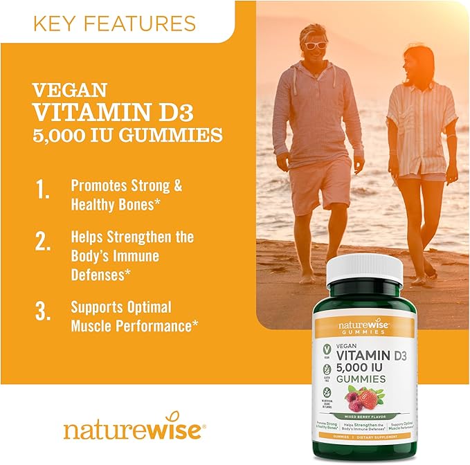 NatureWise Vitamin D3 5000 IU Gummies - Mixed Berry Flavor - Vegan D from Lichen, Pectin Based, Immune Support for Adults, Muscle & Bone Strength - Gluten Free, Non-GMO - 60 Count[1-Month Supply]