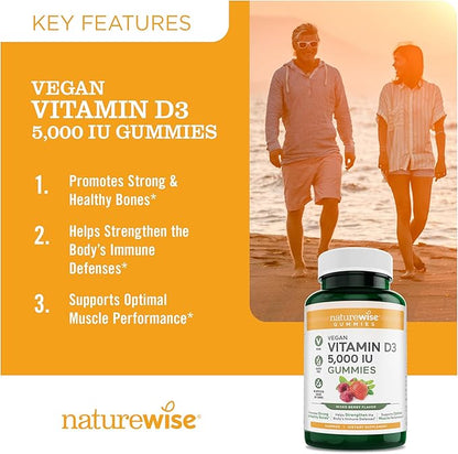 NatureWise Vitamin D3 5000 IU Gummies - Mixed Berry Flavor - Vegan D from Lichen, Pectin Based, Immune Support for Adults, Muscle & Bone Strength - Gluten Free, Non-GMO - 90 Count[45-Day Supply]